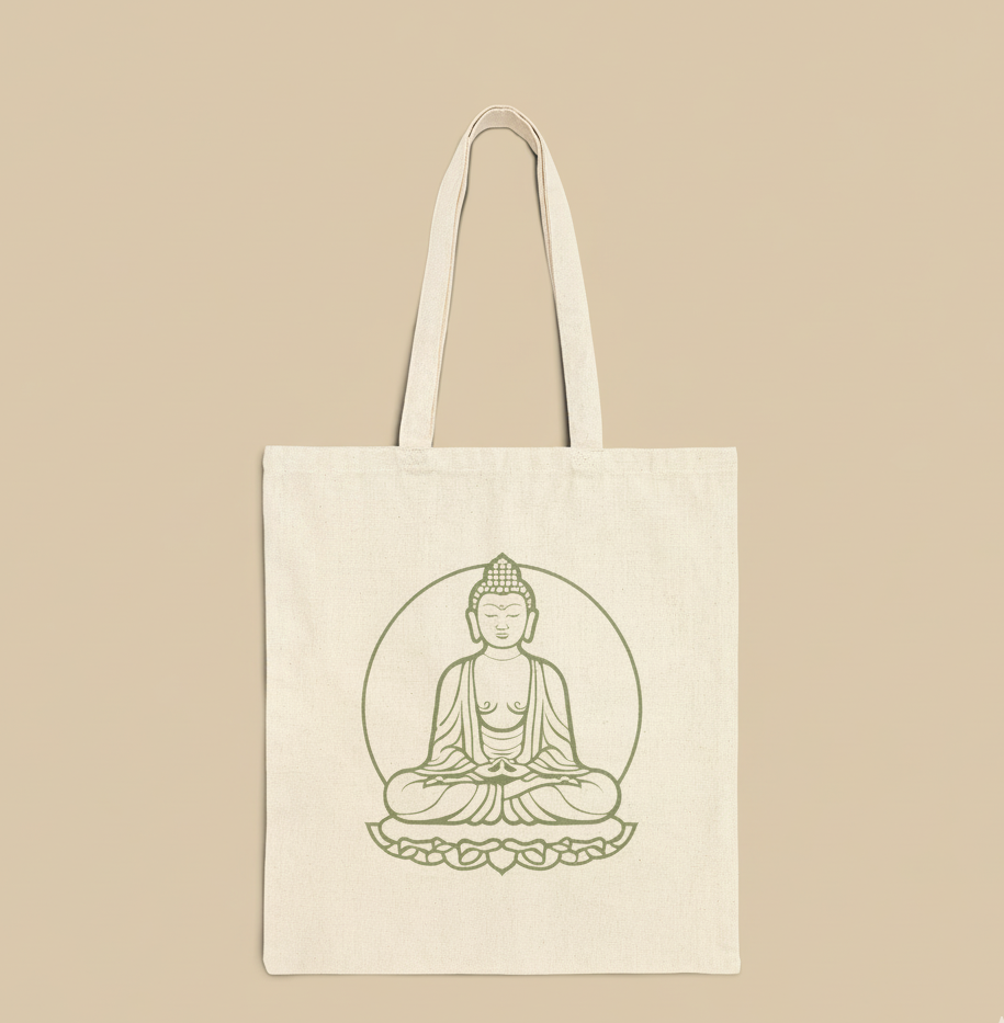 Buddha Inspirational Cotton Canvas Tote Bag, Eco-Friendly Grocery Bag, Yoga Bag, Gift for Mindfulness, Reusable Shopping Bag