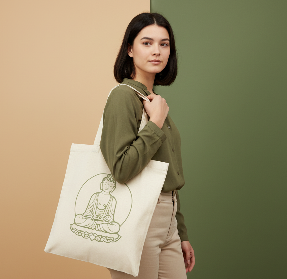 Buddha Inspirational Cotton Canvas Tote Bag, Eco-Friendly Grocery Bag, Yoga Bag, Gift for Mindfulness, Reusable Shopping Bag