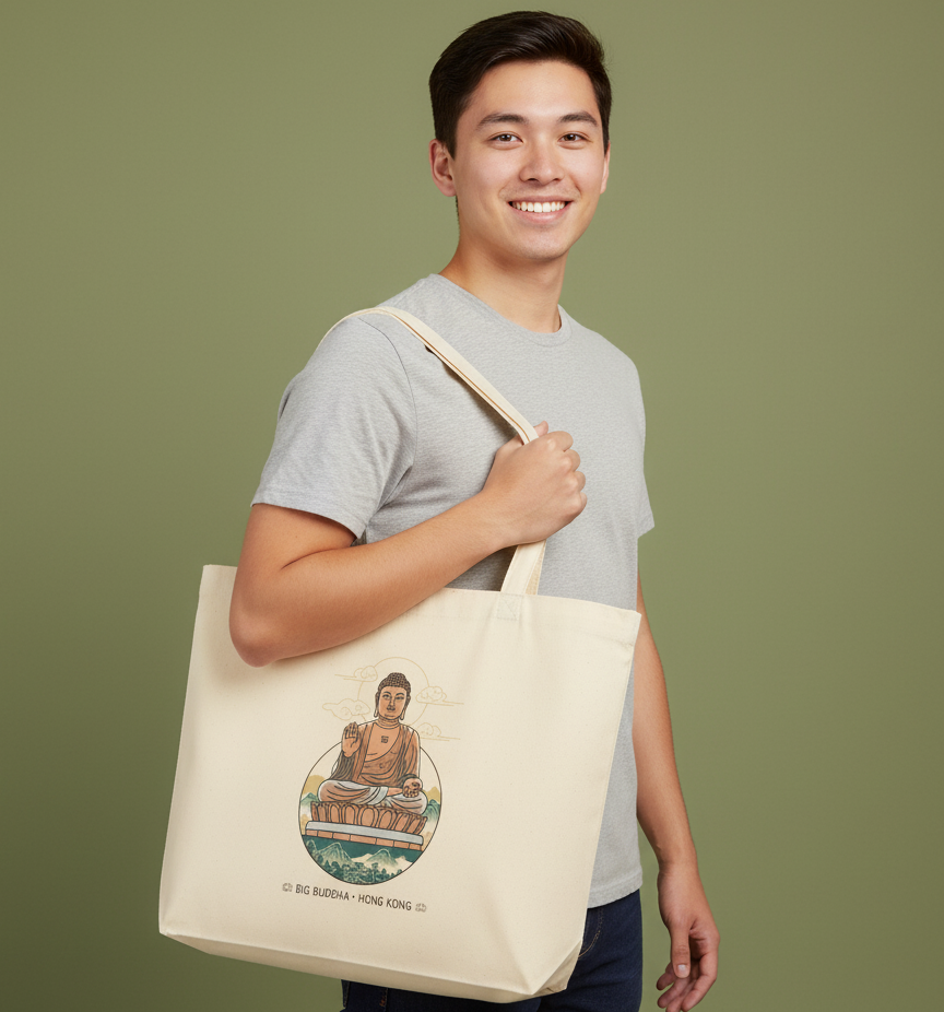 Large Eco-Friendly Tote Bag with Buddha Design, Sustainable Shopping Bag, Beach Tote, Gift for Travelers, Eco-Conscious Tote