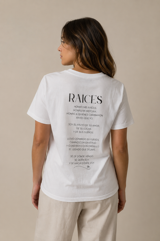 Raíces Poetry Tee — Spanish Poem Back-Print Short Sleeve Shirt
