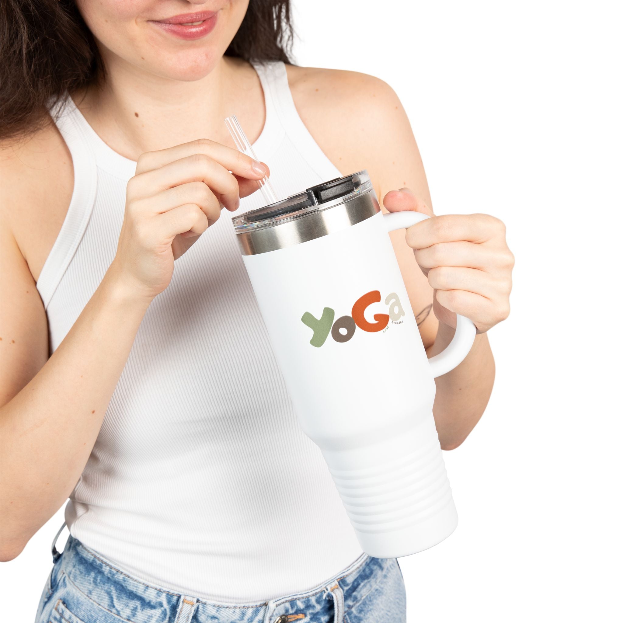 Insulated Travel Mug with Motivational Yoga Design, 40oz Yoga Mug, Fitness Travel Cup, Eco - Friendly Insulated Travel Mug, Reusable - Soul Breathe