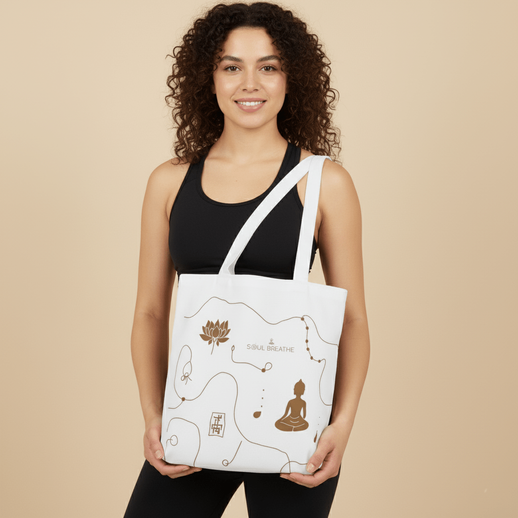 Meditation Symbols Canvas Tote - Lotus & Buddha Spiritual Market Bag - Soul Breathe